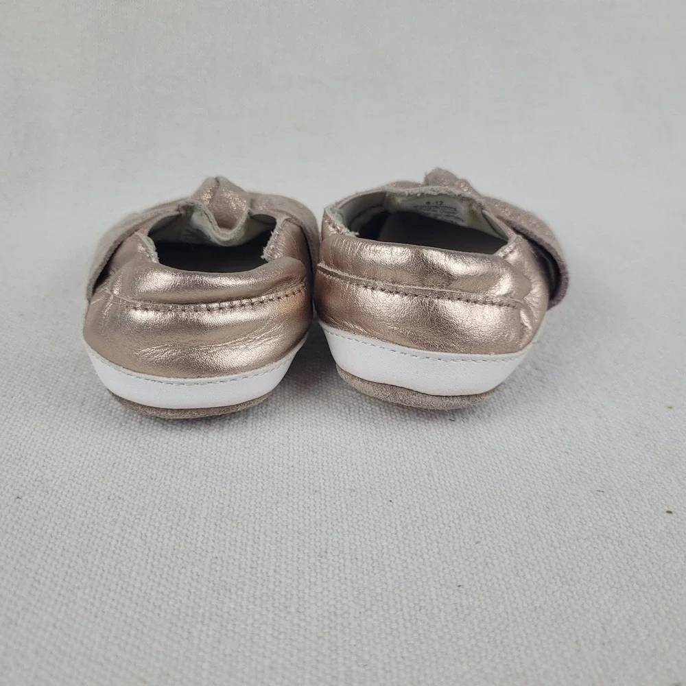 Robeez First Kicks Rose‎ Gold Metallic Bow Soft Sole Baby Shoes Size 9-12 Months